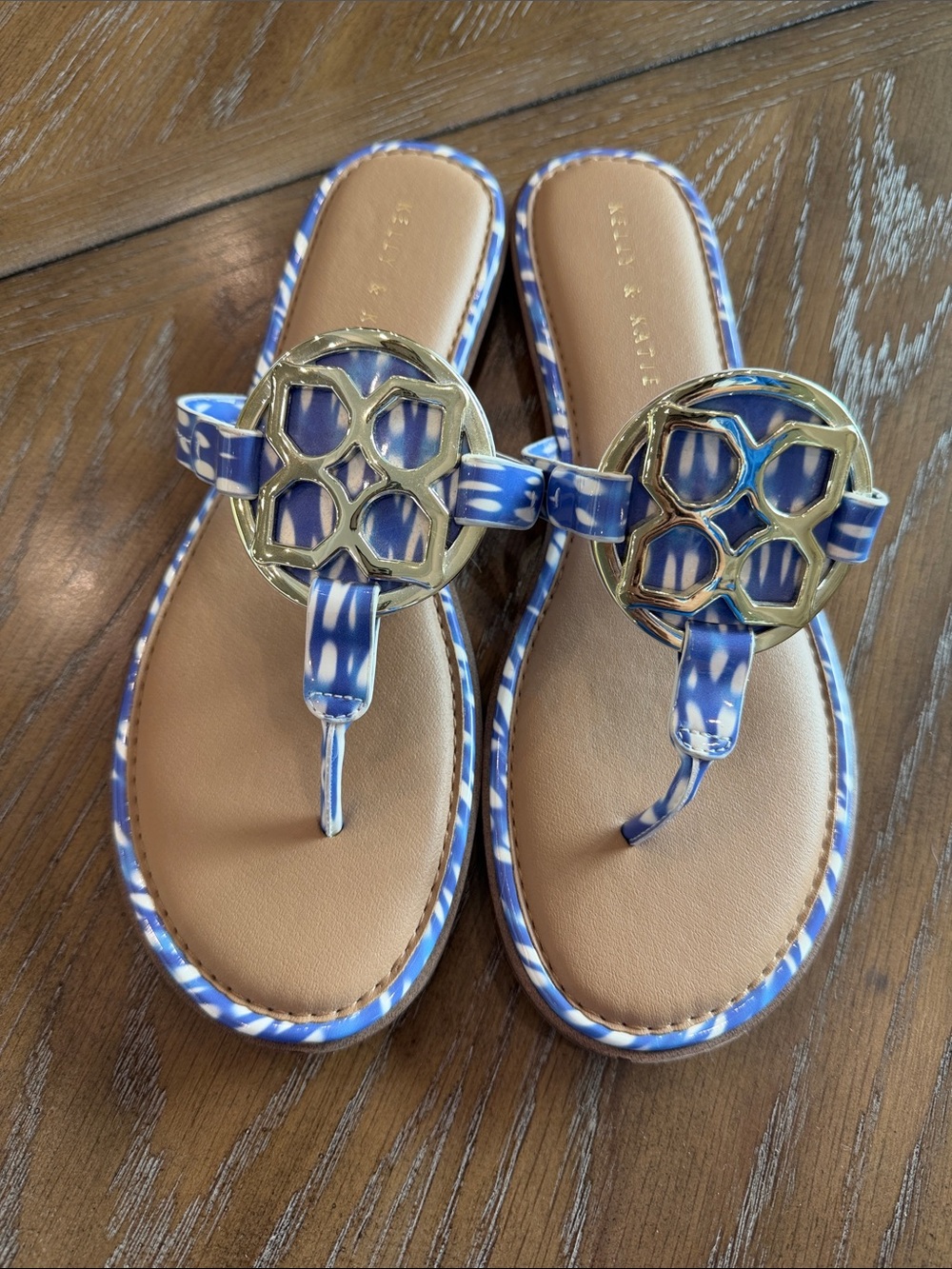 Kelly & Katie Blue Patterned Thong Sandals with Gold Emblem